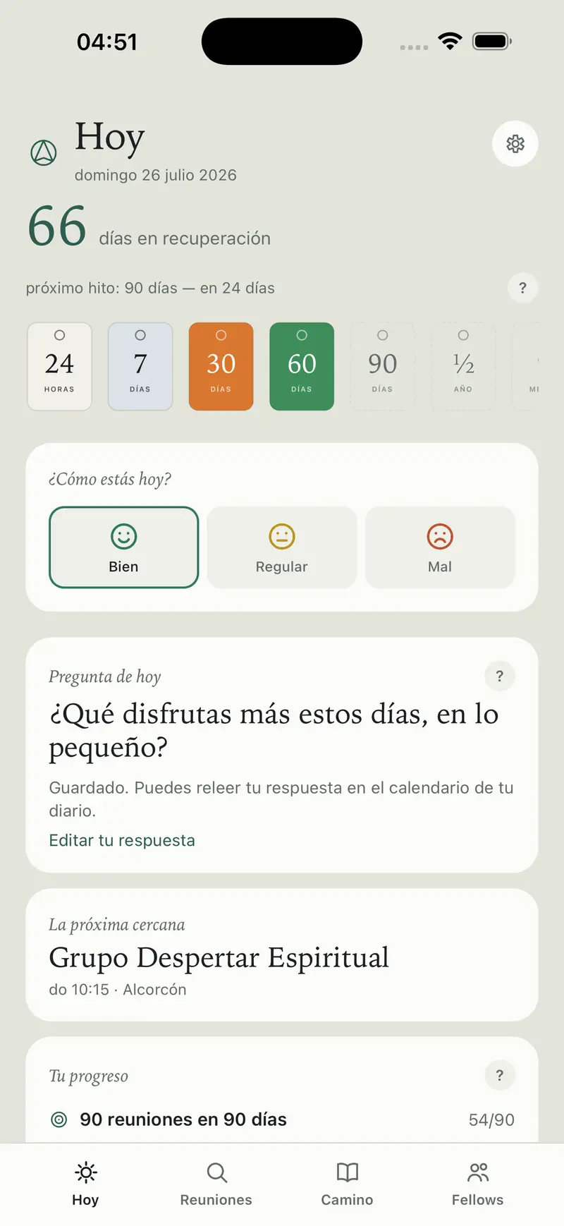 La pantalla Hoy de Fellow Finder