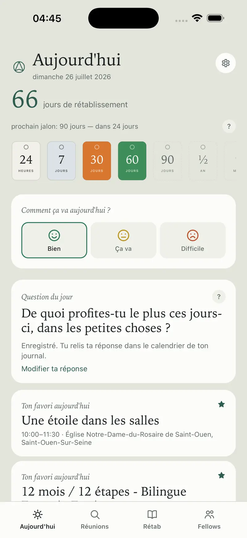 L'écran Aujourd'hui de Fellow Finder